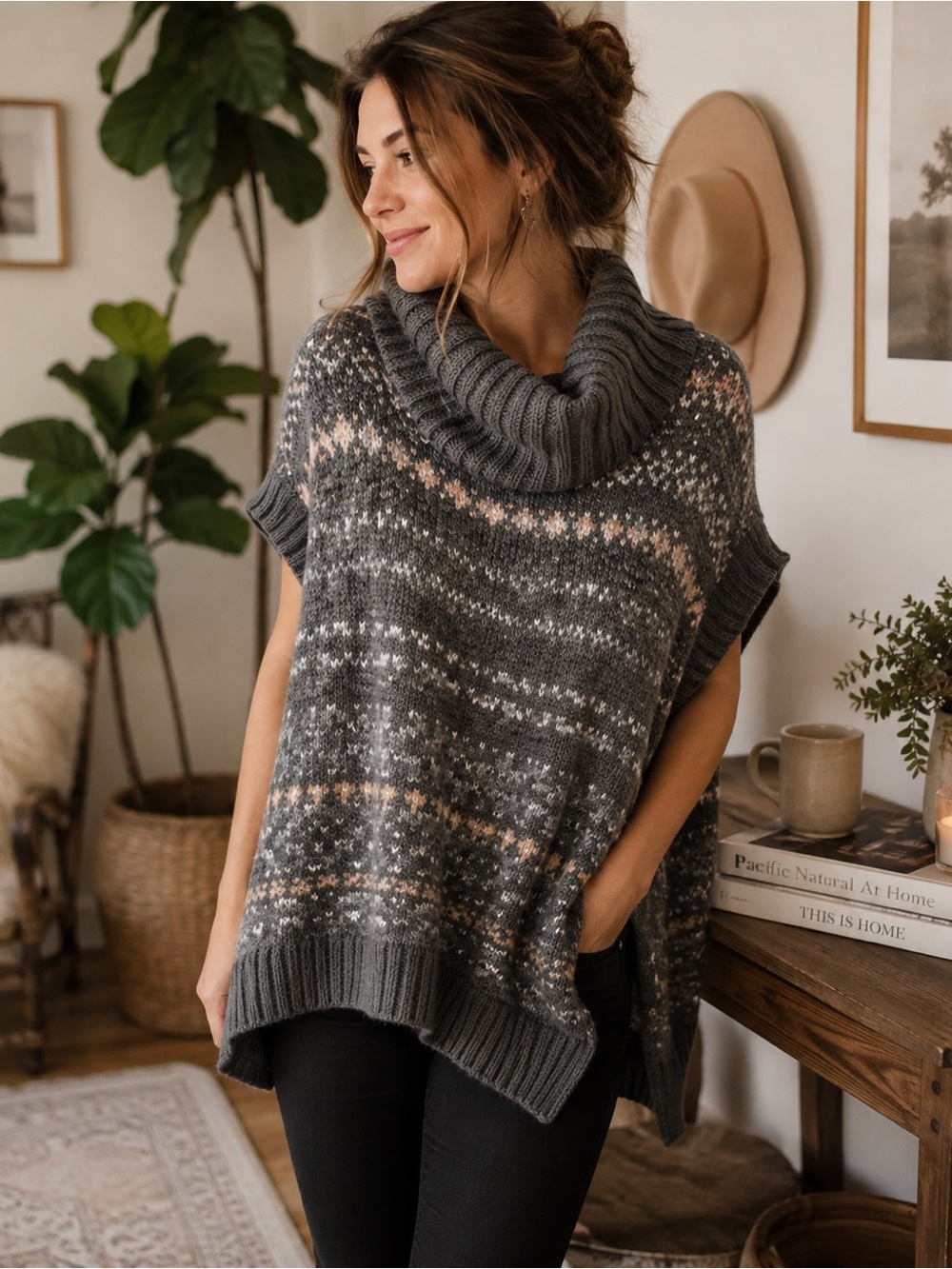 Free People Fair Isle Cowl Neck Poncho Sweater Gray Medium Oversized